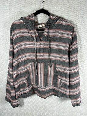 Roxy Striped Woven Cotton Hooded Pullover in Black, White & Rust. Love this one🧡
